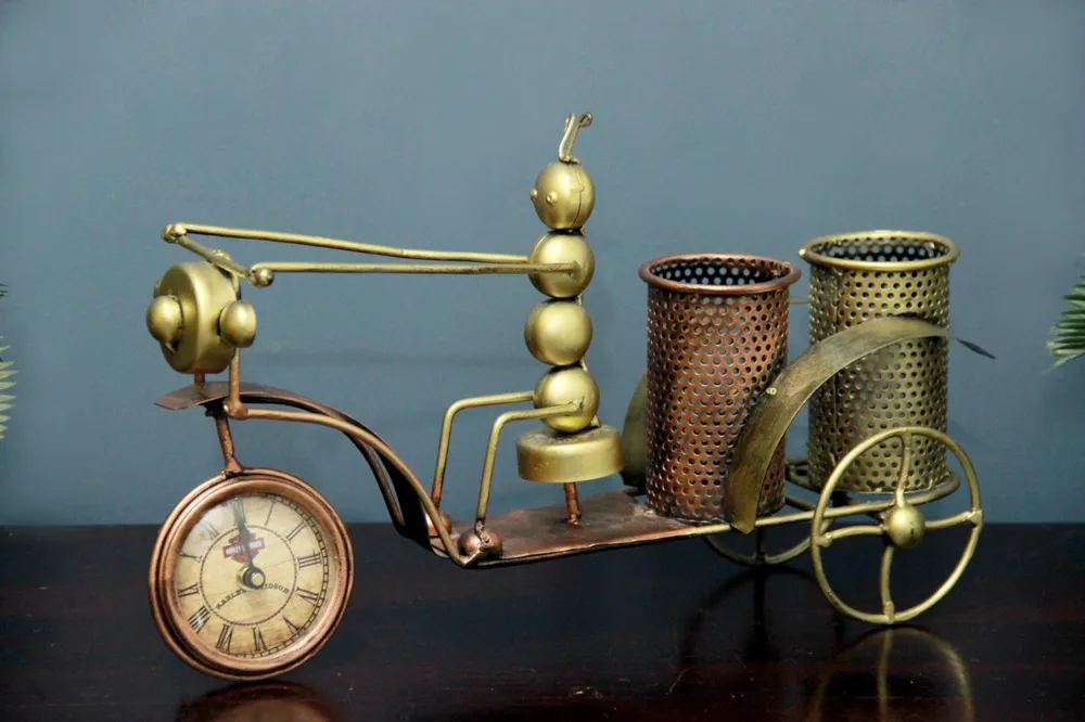 Antique Metal Table Clock with Pen Holder