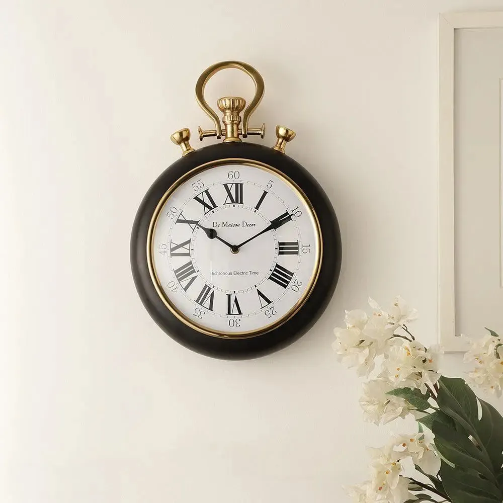 Antique Metallic Wall Clock with Gold Knobs & Black Outer Casting