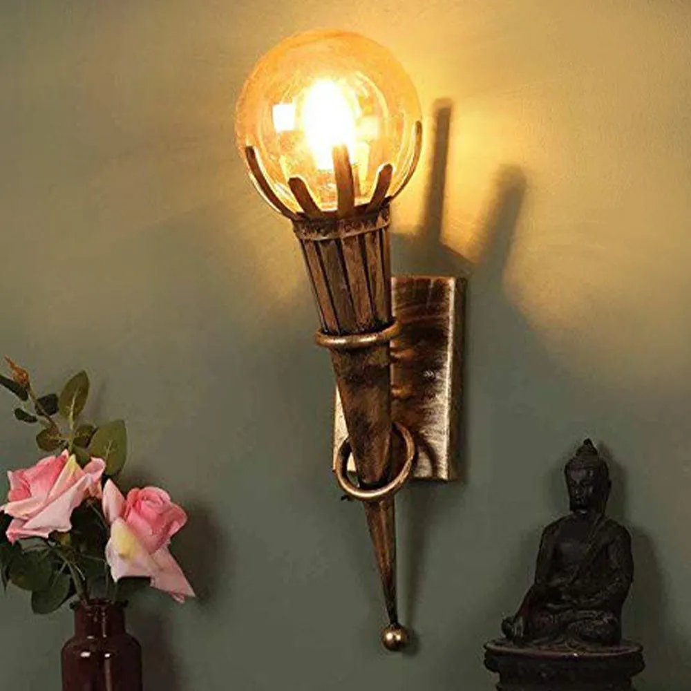 Antique Torch Motif Brass & Glass Wall Sconce (Bulb not included)