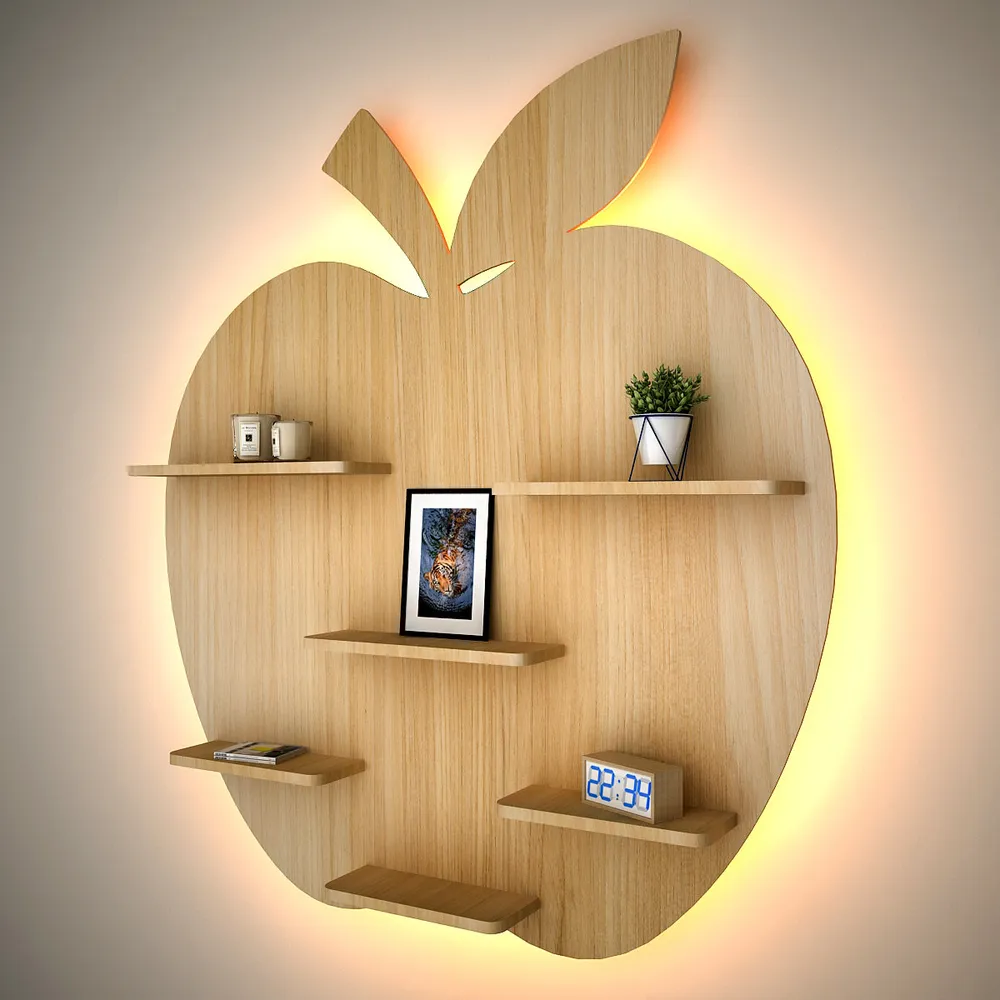 Apple Shape Backlit Wood Wall Shelf / Book Shelf / Night Light, Light Oak Finish Regular ( 32 inches x 36 inches )