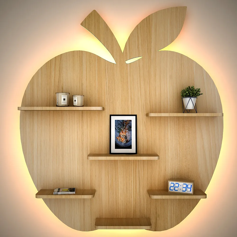 Apple Shape Backlit Wood Wall Shelf / Book Shelf / Night Light, Light Oak Finish Regular ( 32 inches x 36 inches )