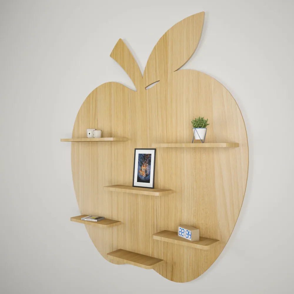 Apple Shape Backlit Wood Wall Shelf / Book Shelf / Night Light, Light Oak Finish Regular ( 32 inches x 36 inches )