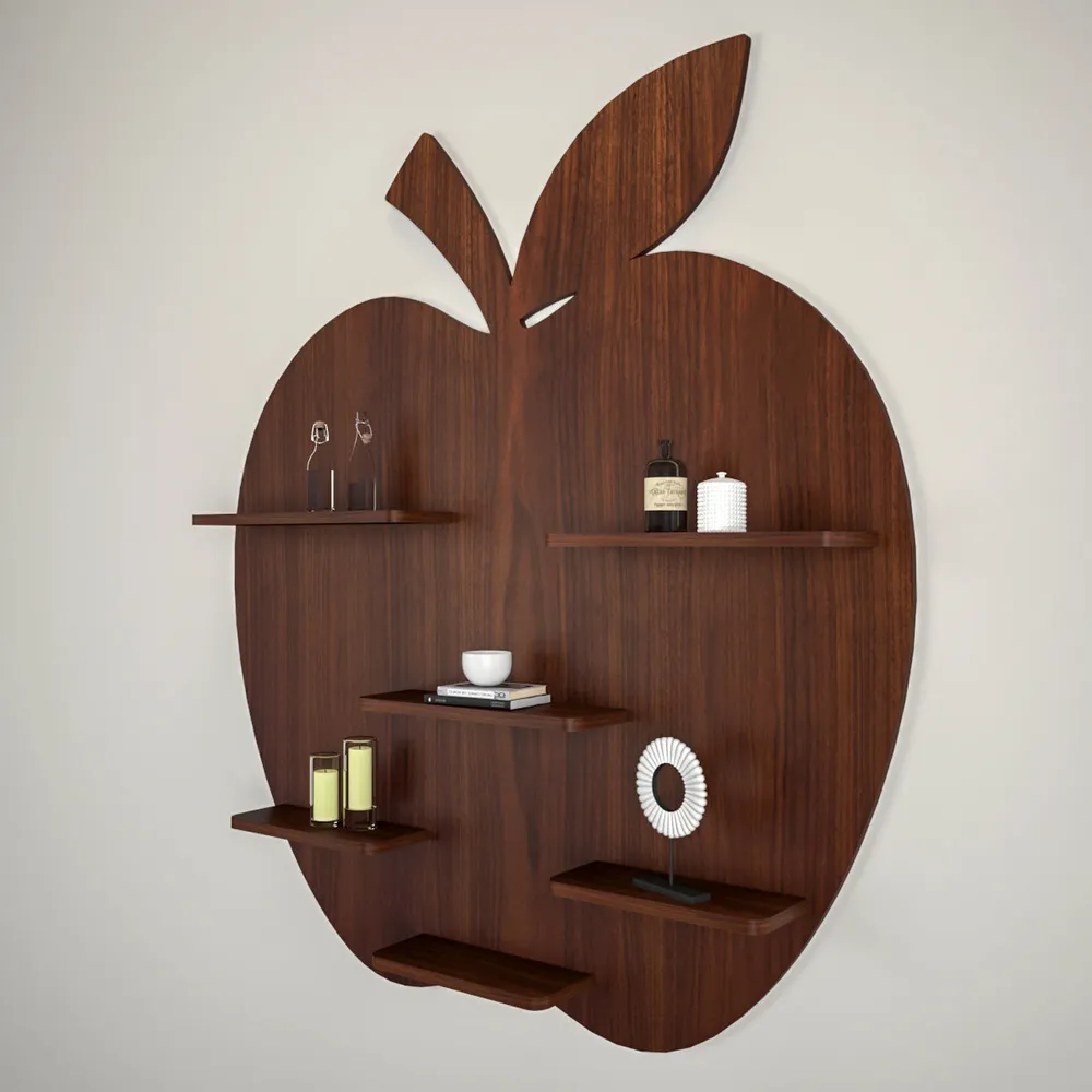 Apple Shape Backlit Wood Wall Shelf / Book Shelf / Night Light, Walnut Finish Regular ( 32 inches x 36 inches )