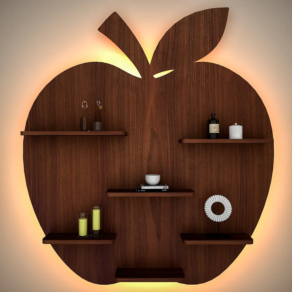 Apple Shape Backlit Wood Wall Shelf / Book Shelf / Night Light, Walnut Finish Regular ( 32 inches x 36 inches )