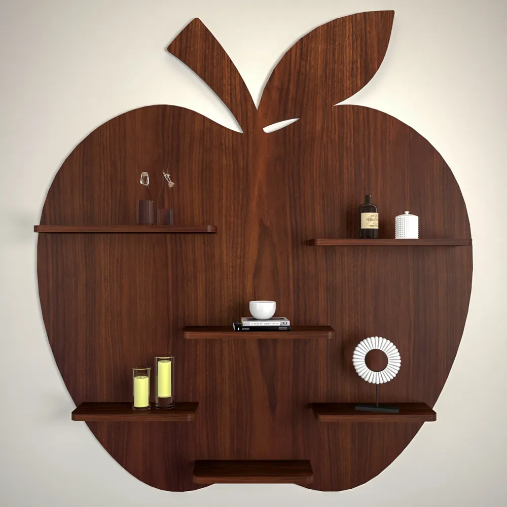 Apple Shape Backlit Wood Wall Shelf / Book Shelf / Night Light, Walnut Finish Regular ( 32 inches x 36 inches )