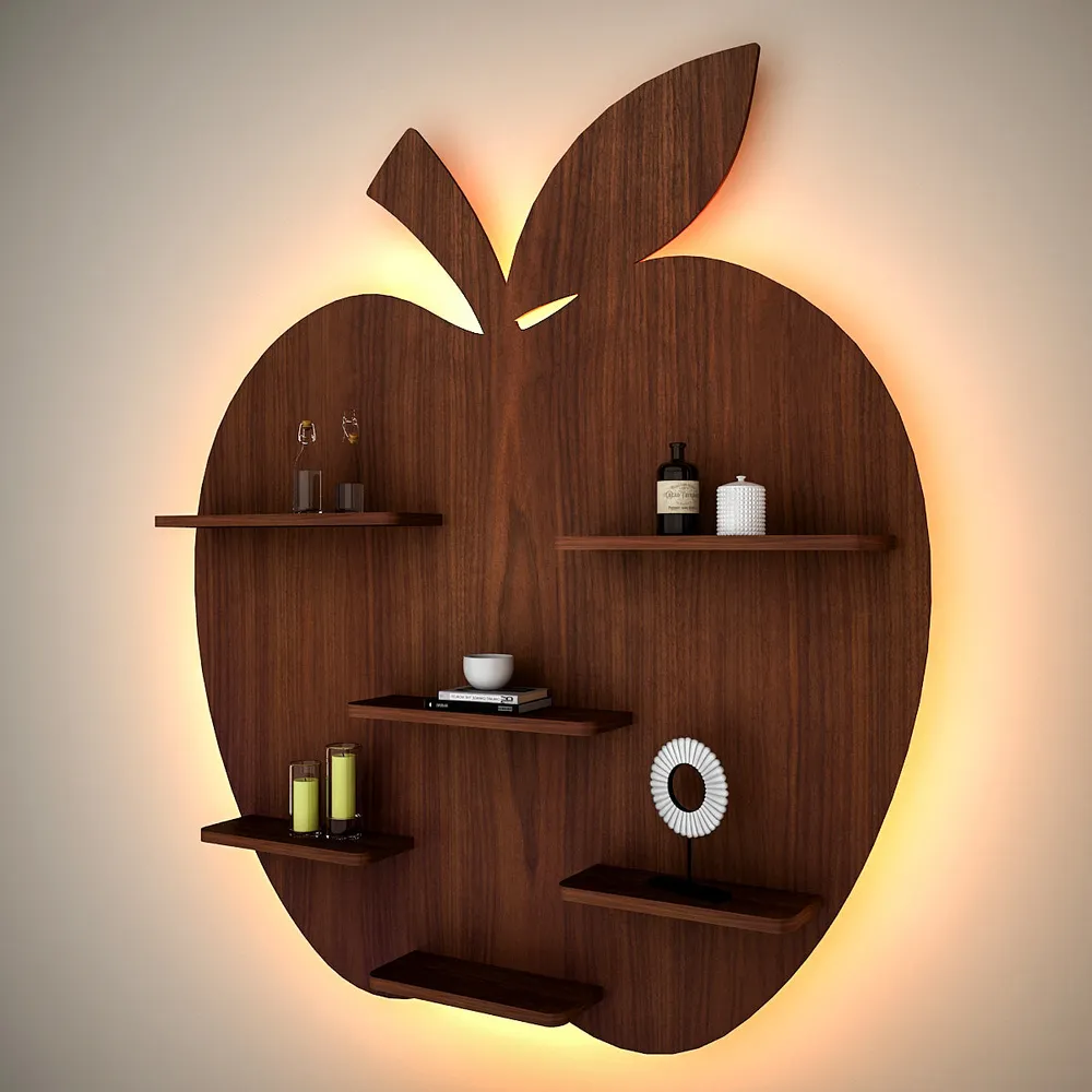 Apple Shape Backlit Wood Wall Shelf / Book Shelf / Night Light, Walnut Finish Regular ( 32 inches x 36 inches )