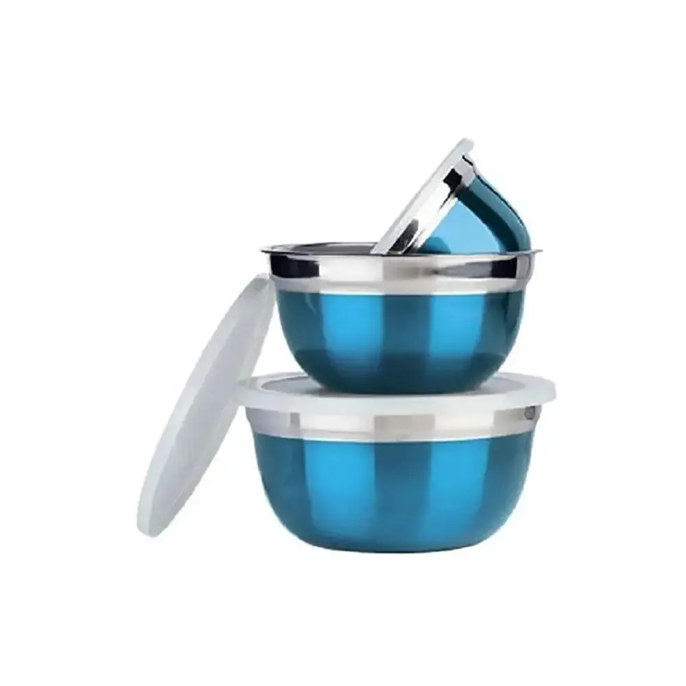Aqua Blue Coated Stainless Steel German Mixing Bowl Set With Lid Set Of 2