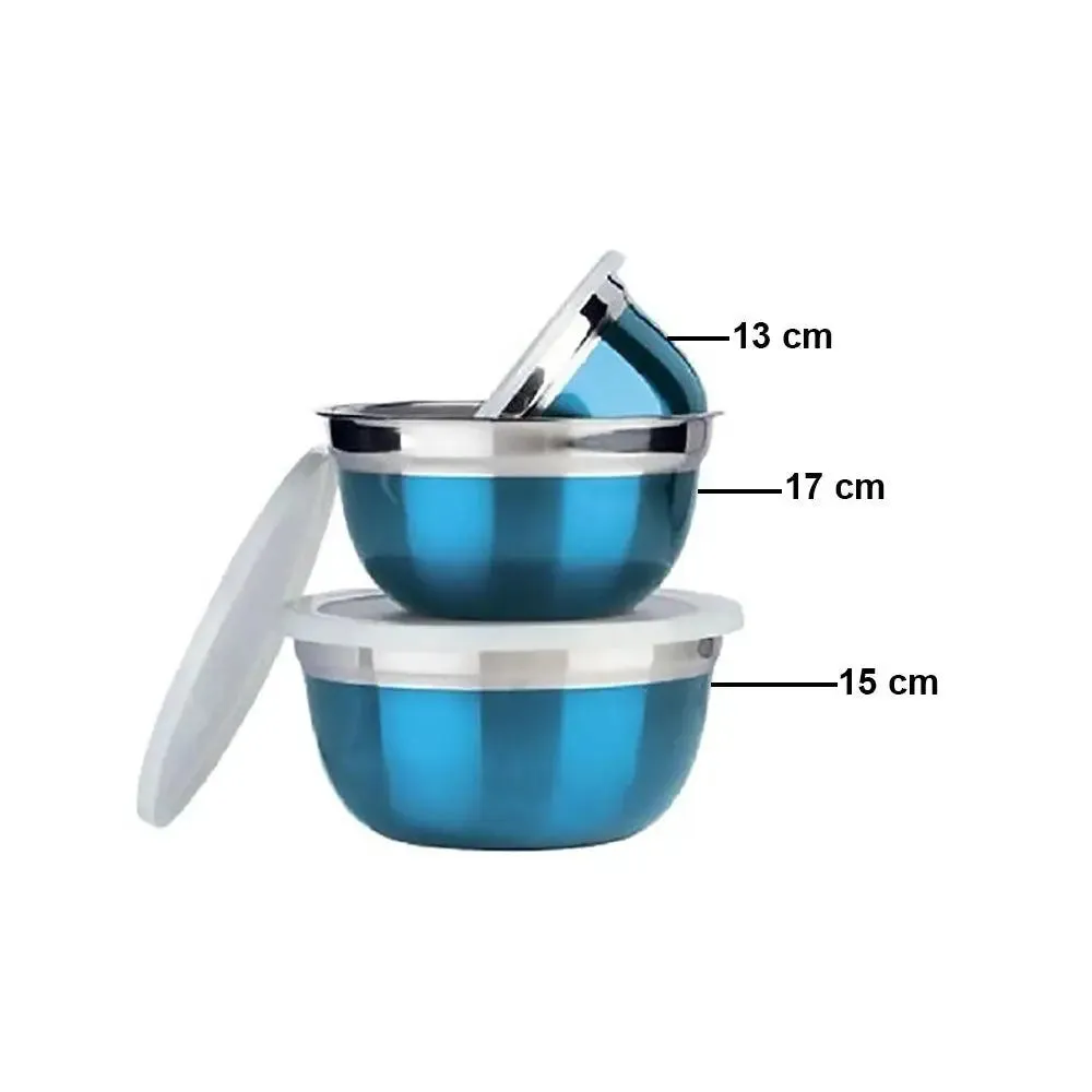 Aqua Blue Coated Stainless Steel German Mixing Bowl Set With Lid Set Of 2