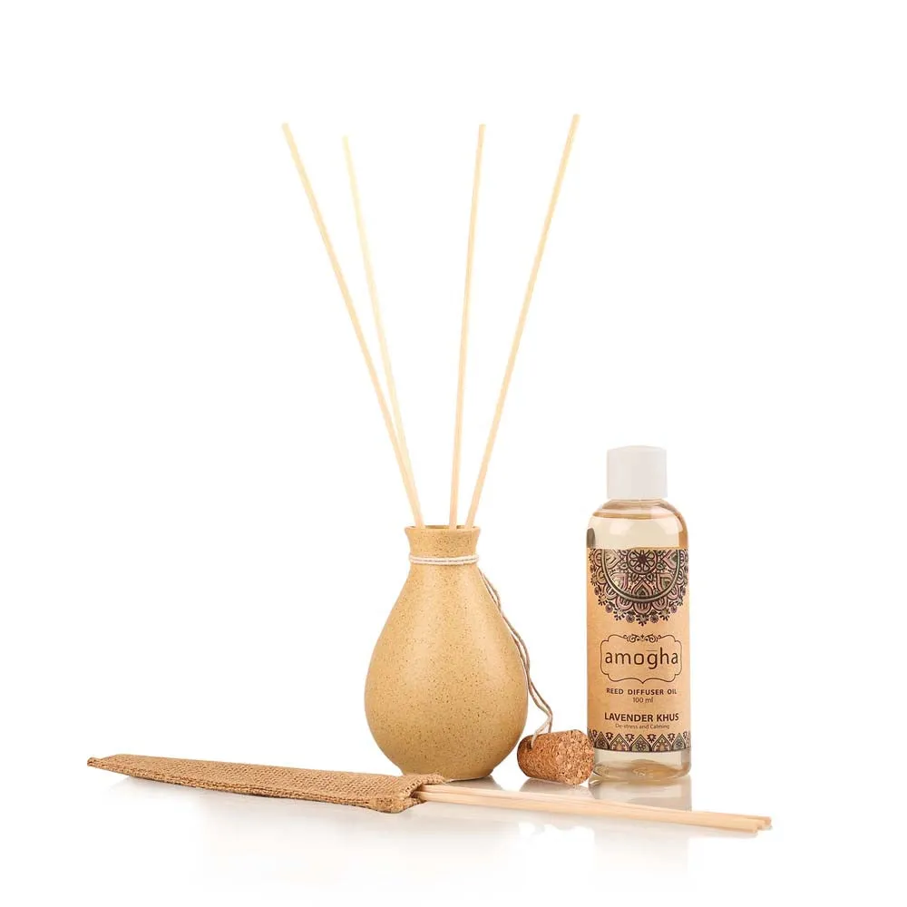 Aromatic Lavender Khus Reed Diffuser Set (Ceramic Pot+Reeds+Essential Oil)