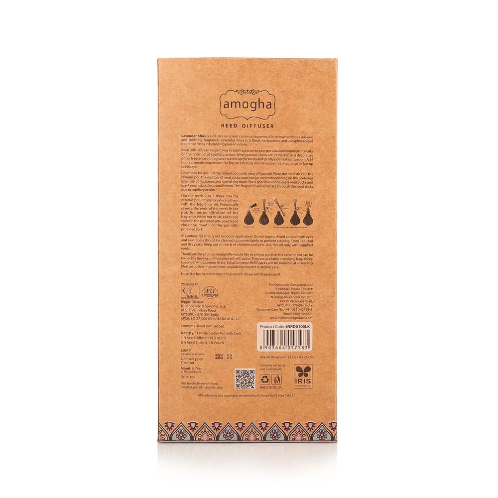 Aromatic Lavender Khus Reed Diffuser Set (Ceramic Pot+Reeds+Essential Oil)