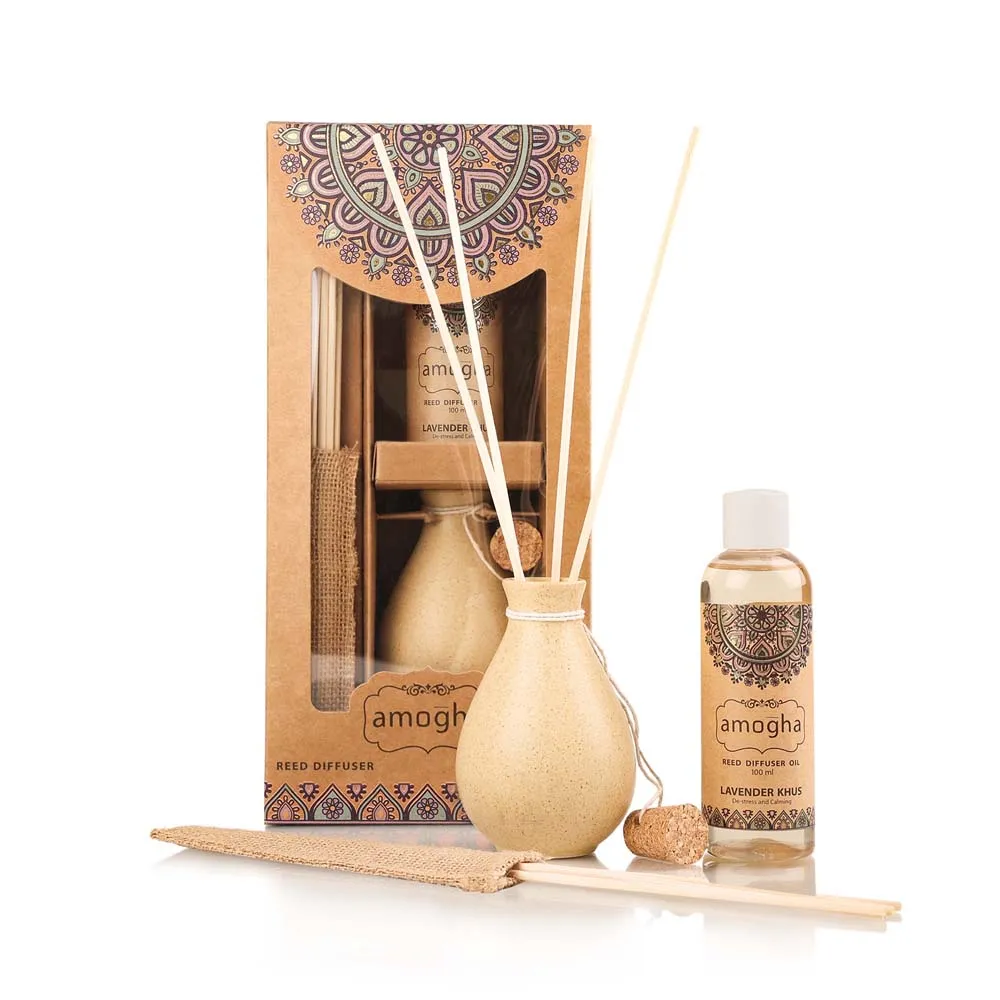 Aromatic Lavender Khus Reed Diffuser Set (Ceramic Pot+Reeds+Essential Oil)