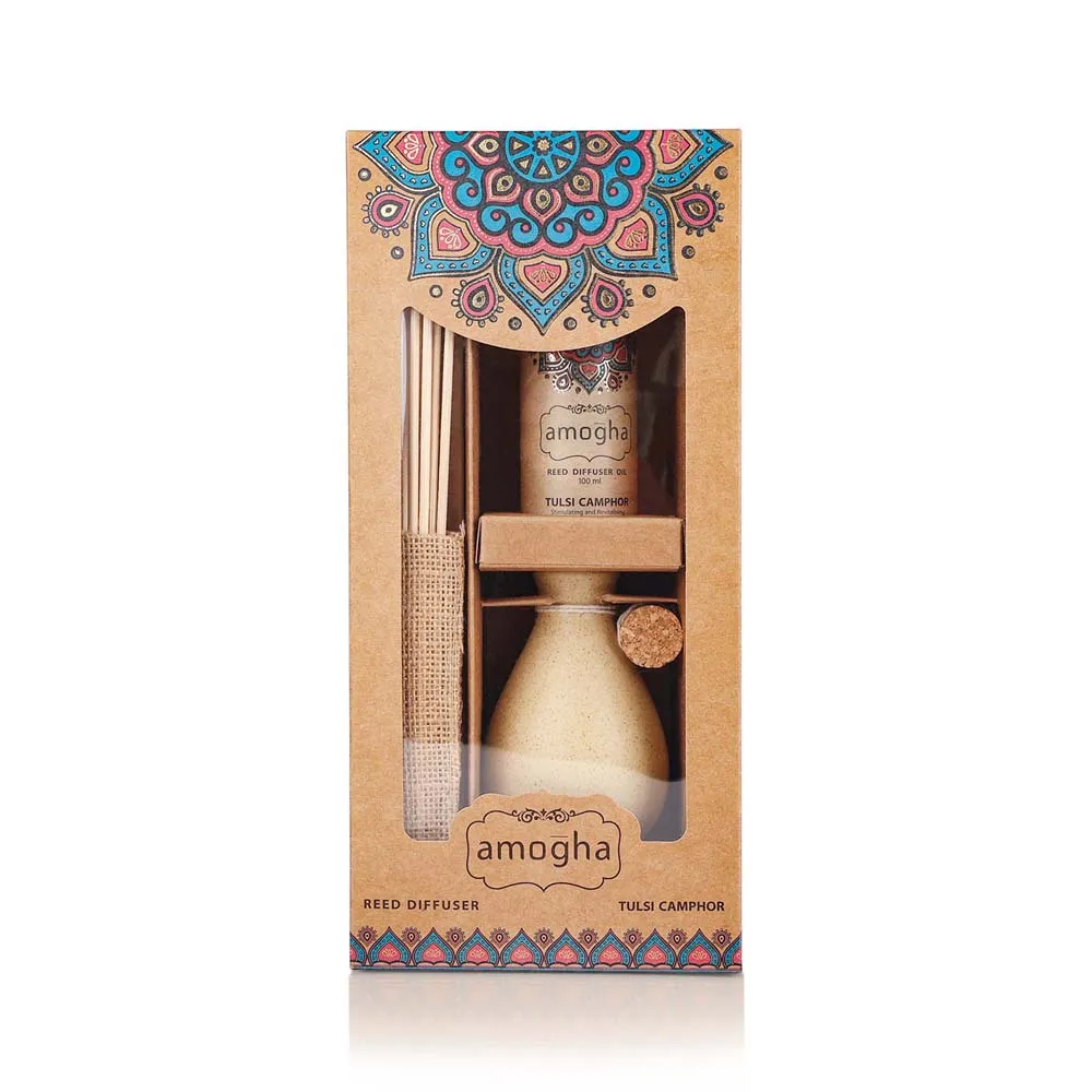 Aromatic Tulsi Camphor Reed Diffuser Set (Ceramic Pot+Reeds+Essential Oil)