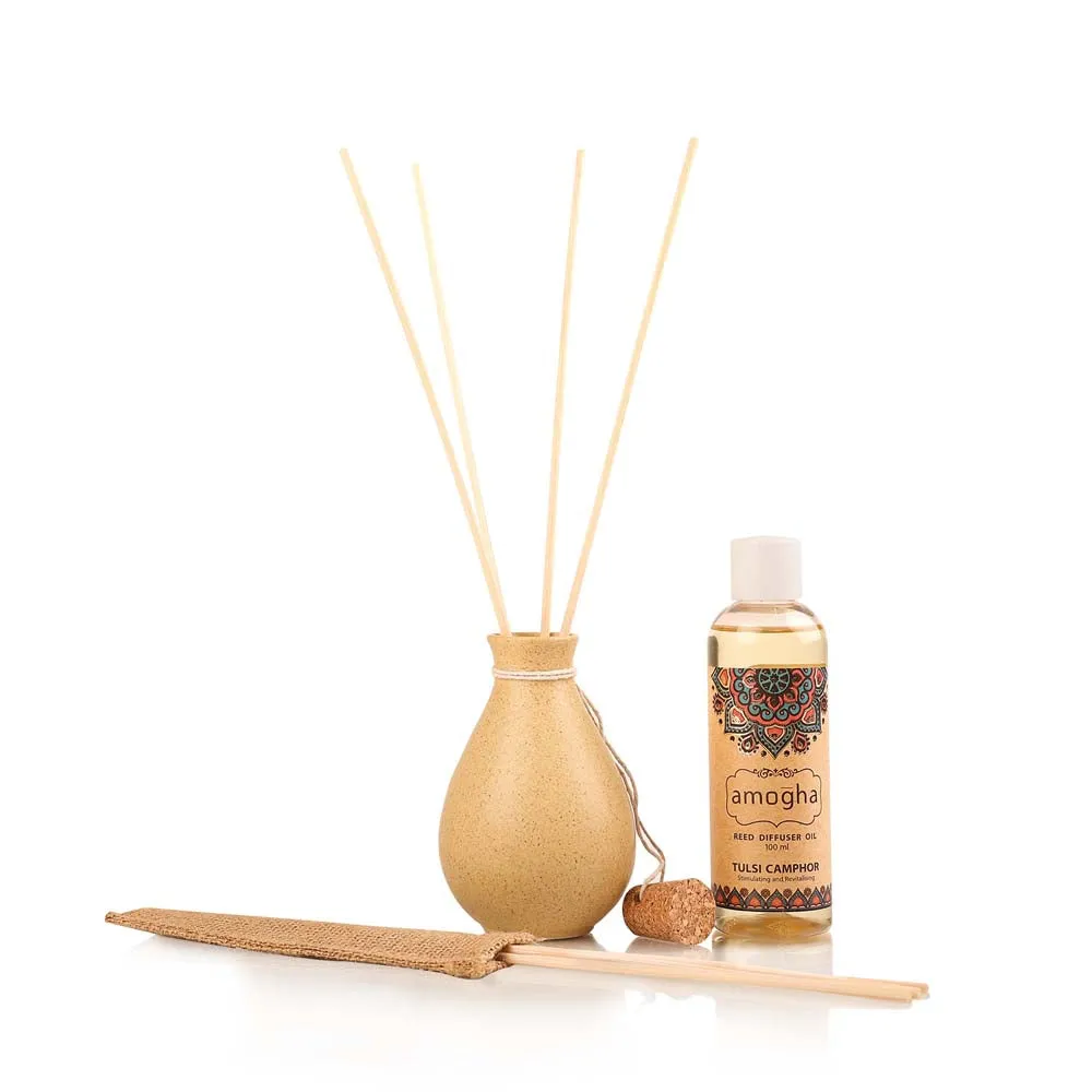 Aromatic Tulsi Camphor Reed Diffuser Set (Ceramic Pot+Reeds+Essential Oil)