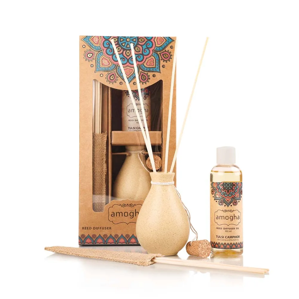 Aromatic Tulsi Camphor Reed Diffuser Set (Ceramic Pot+Reeds+Essential Oil)