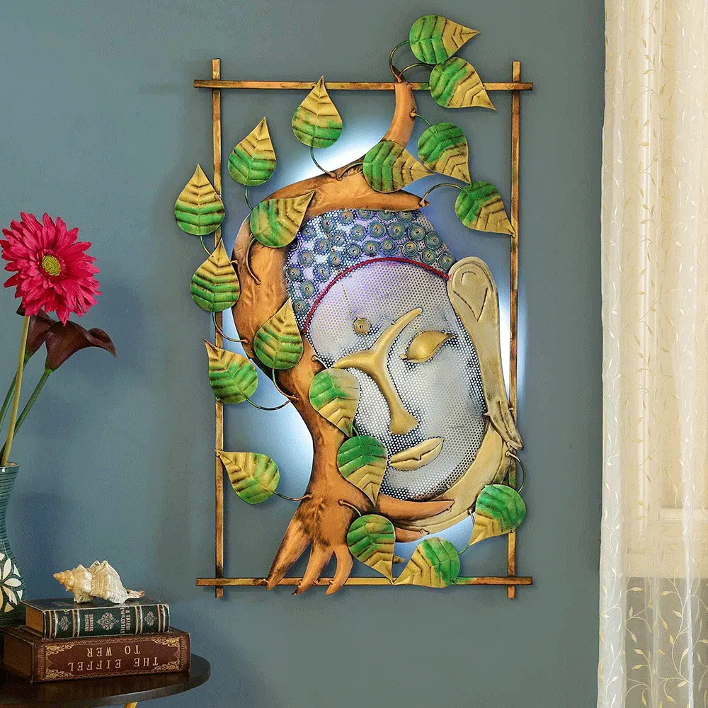 Artful Blend Of Leaves & Buddha Metal Wall Art With LED