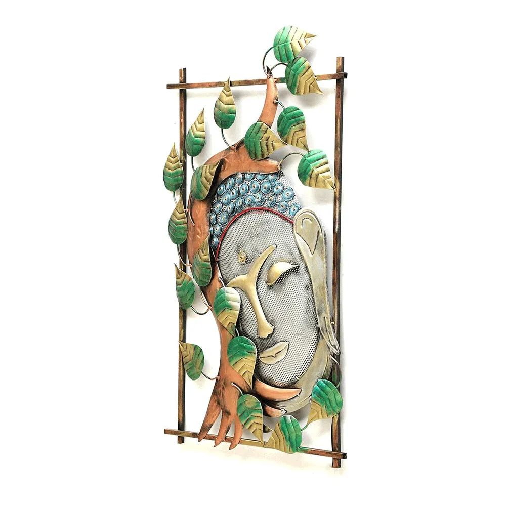 Artful Blend Of Leaves & Buddha Metal Wall Art With LED