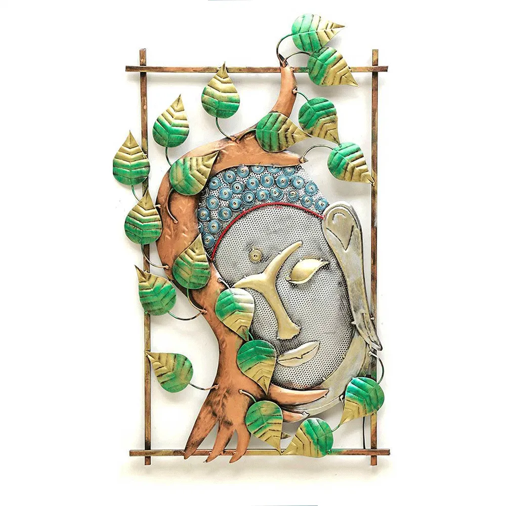 Artful Blend Of Leaves & Buddha Metal Wall Art With LED