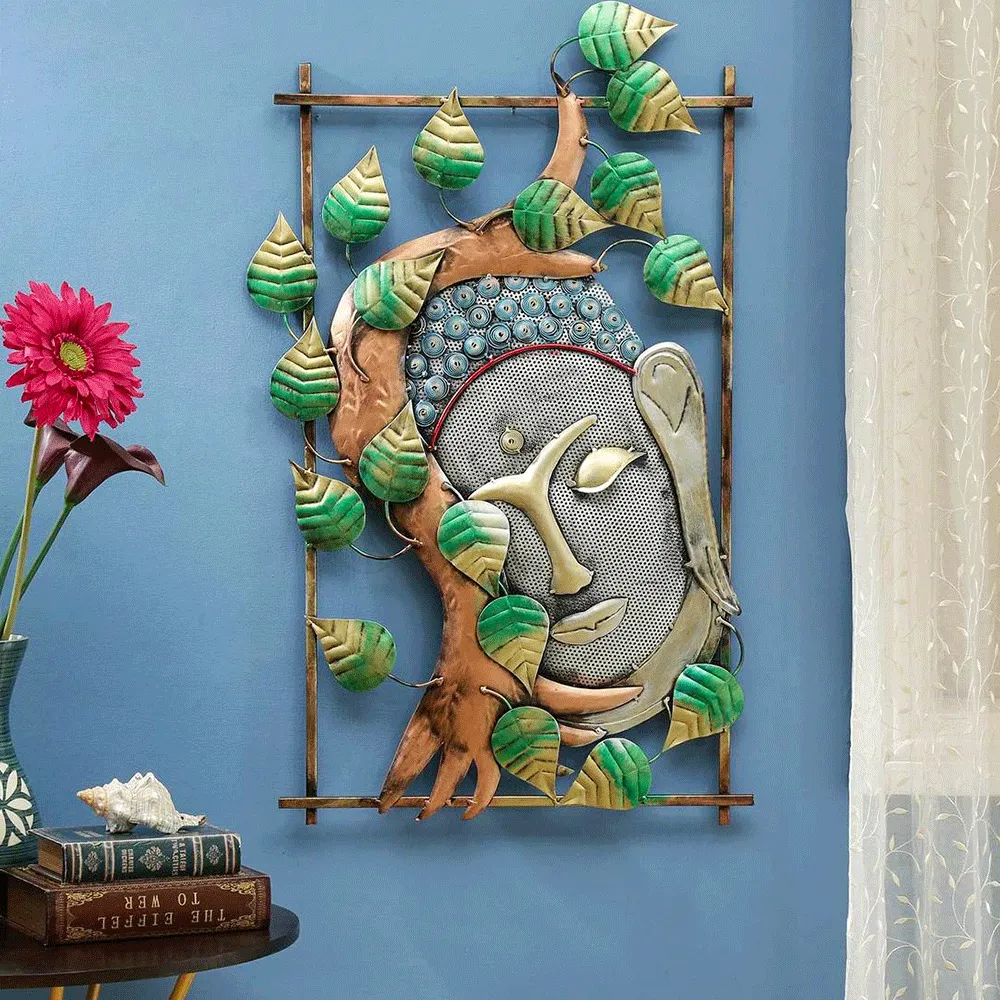 Artful Blend Of Leaves & Buddha Metal Wall Art With LED