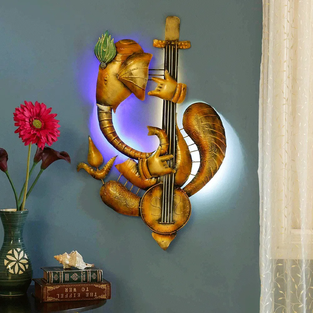Artful Musician Ganesha Metal Wall Art With LED