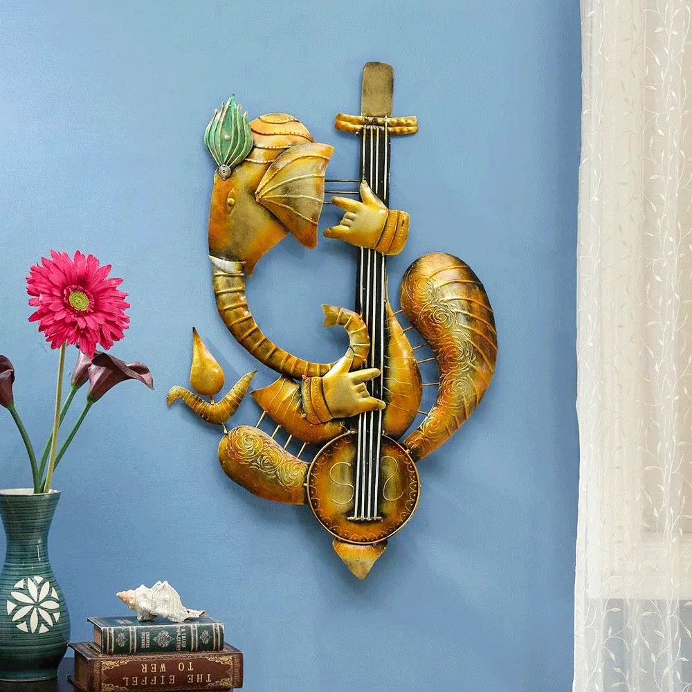 Artful Musician Ganesha Metal Wall Art With LED