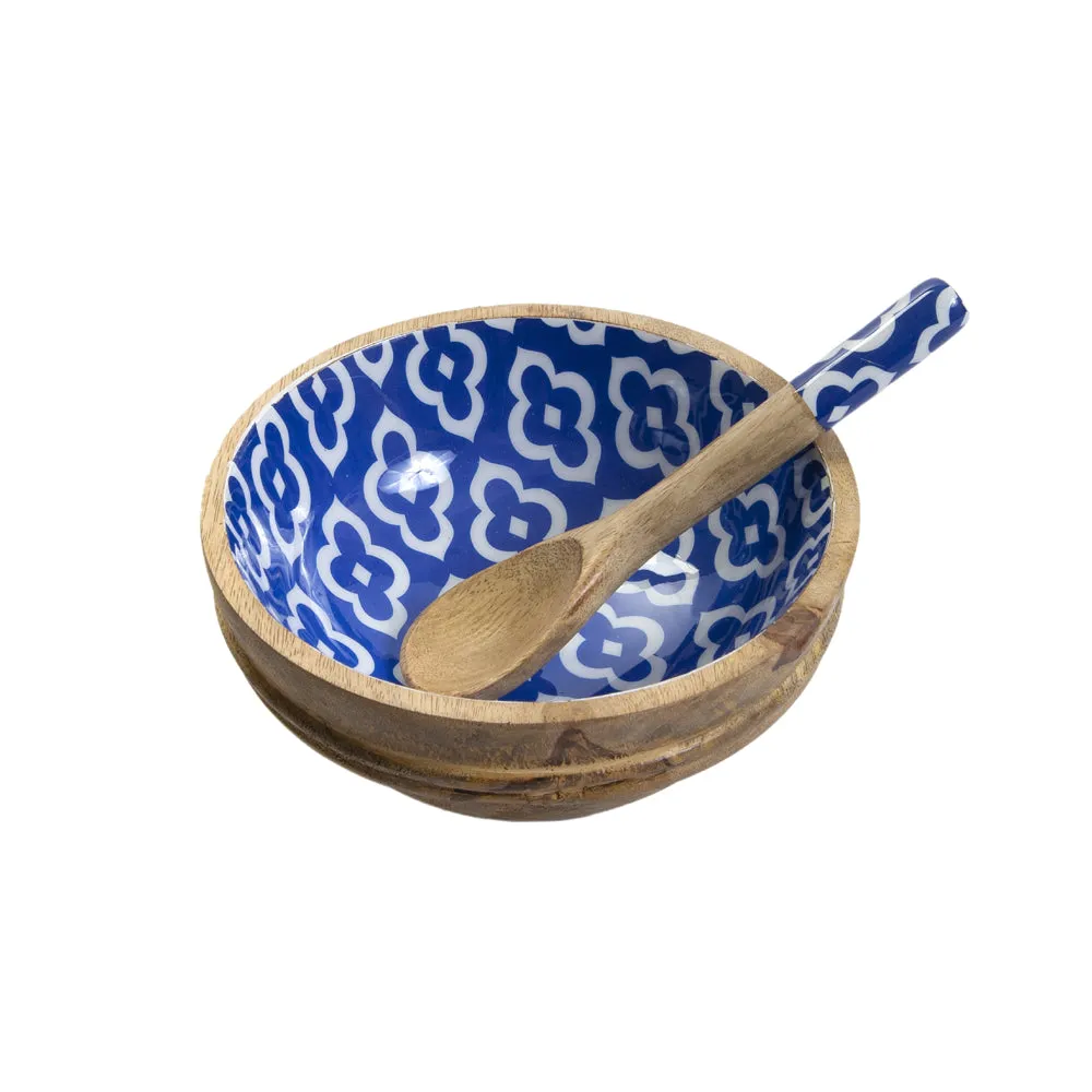 Artsy Blue & White Designer Wooden Bowl With Spoon