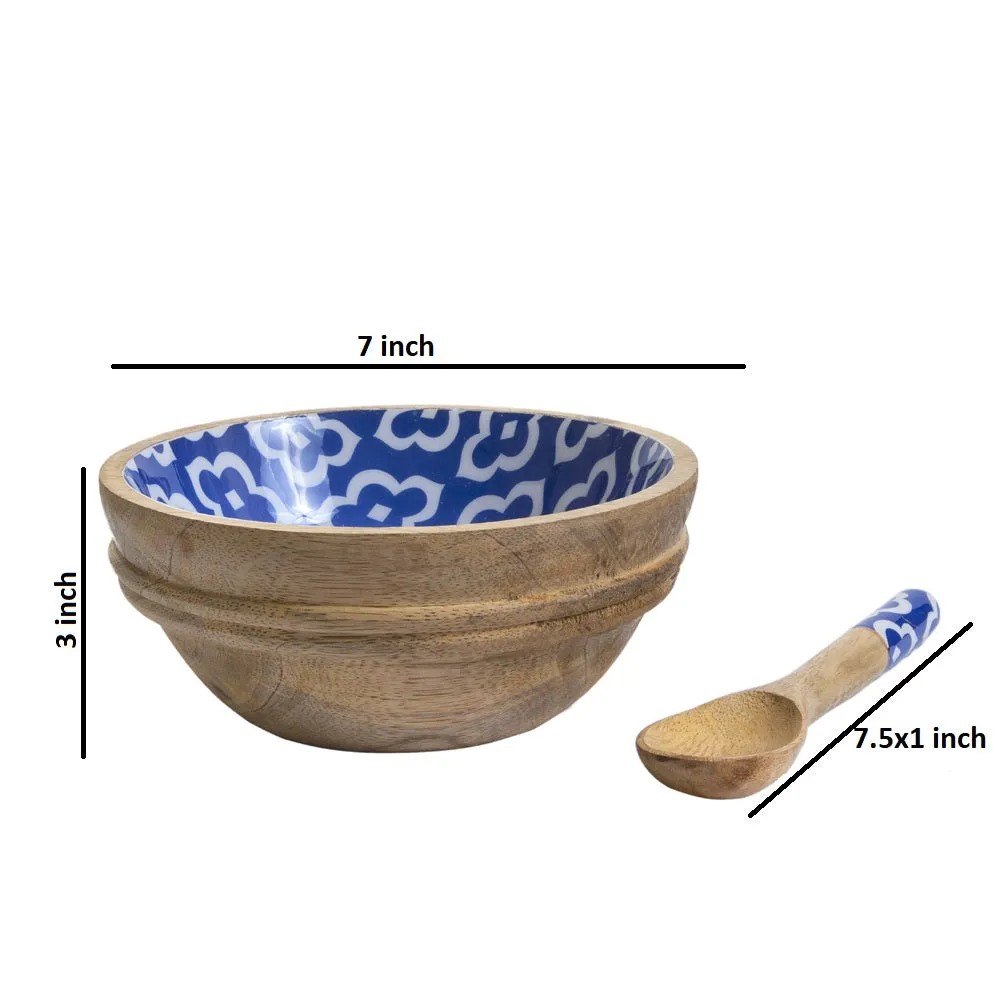 Artsy Blue & White Designer Wooden Bowl With Spoon