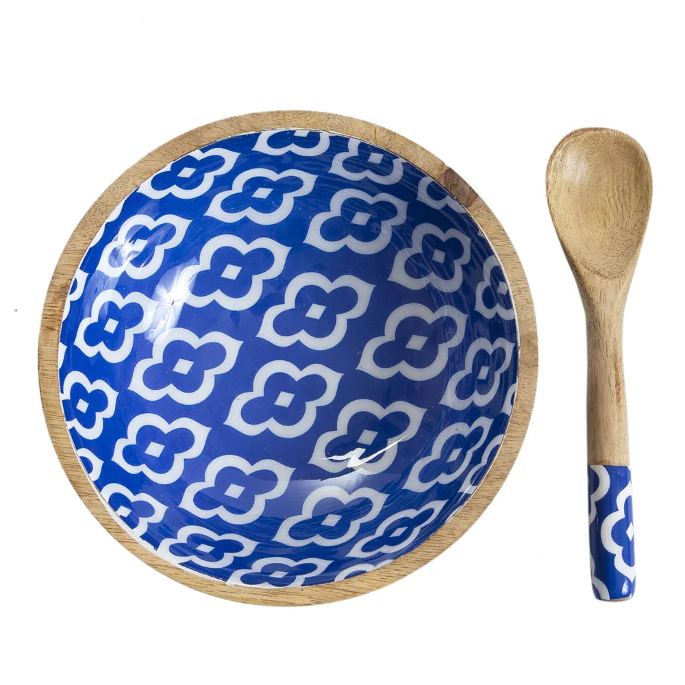 Artsy Blue & White Designer Wooden Bowl With Spoon