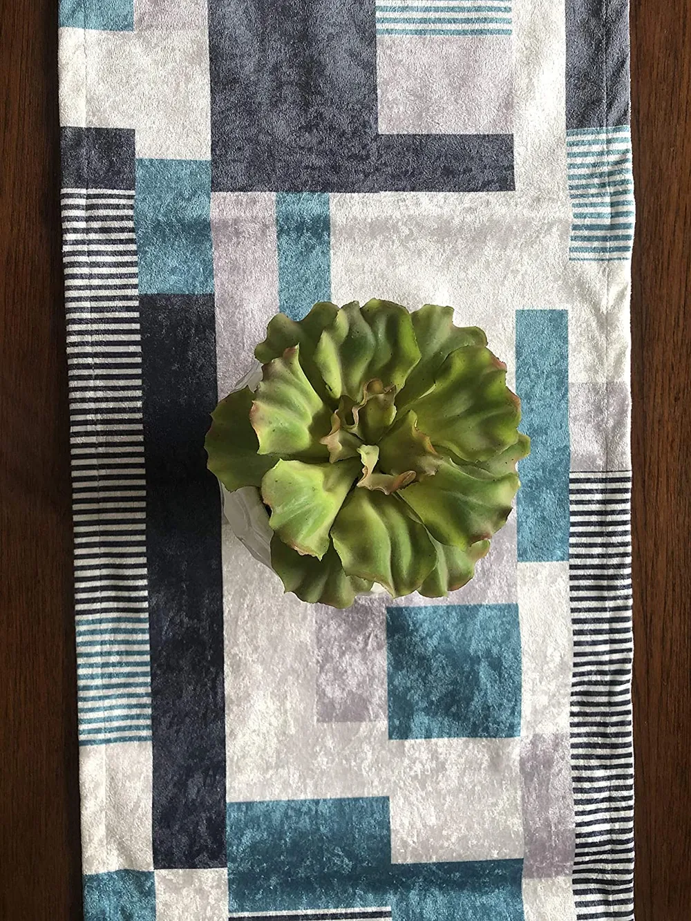 Asymmetric Blue & White Patterned Soft Velvet Table Runner