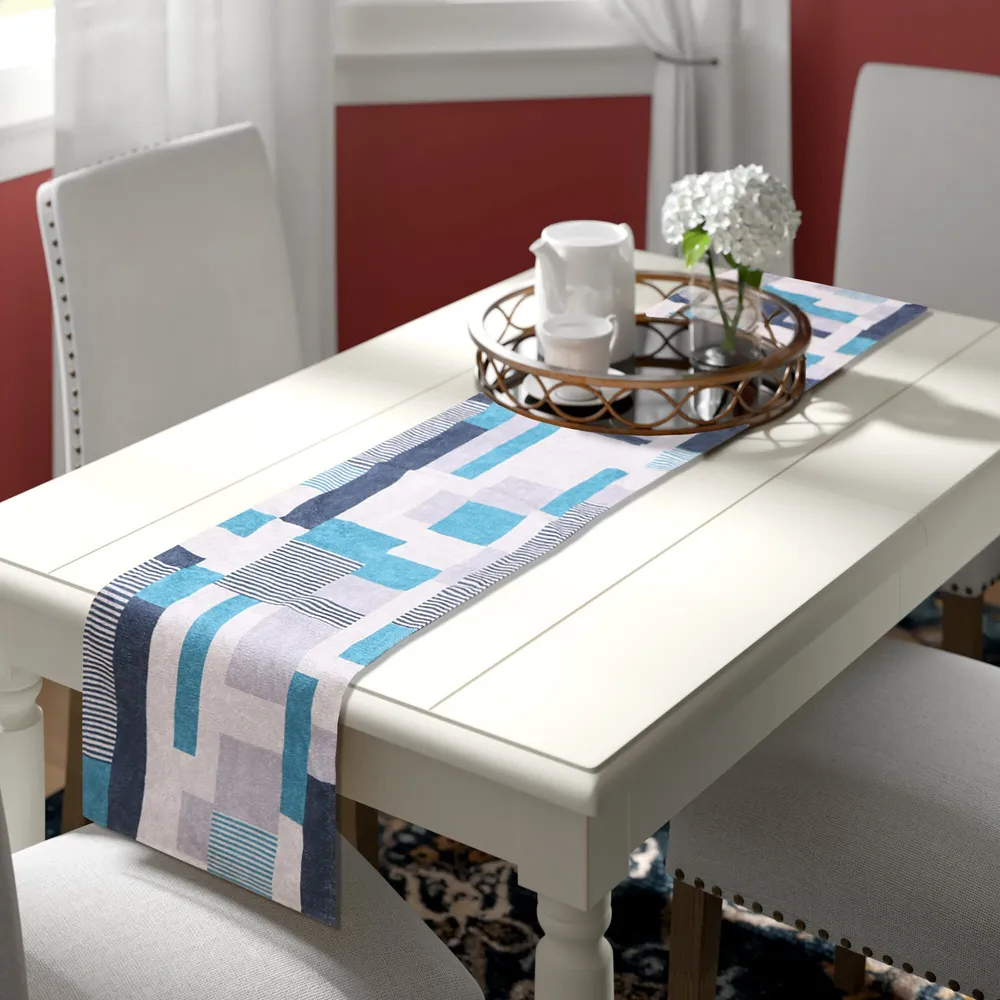 Asymmetric Blue & White Patterned Soft Velvet Table Runner