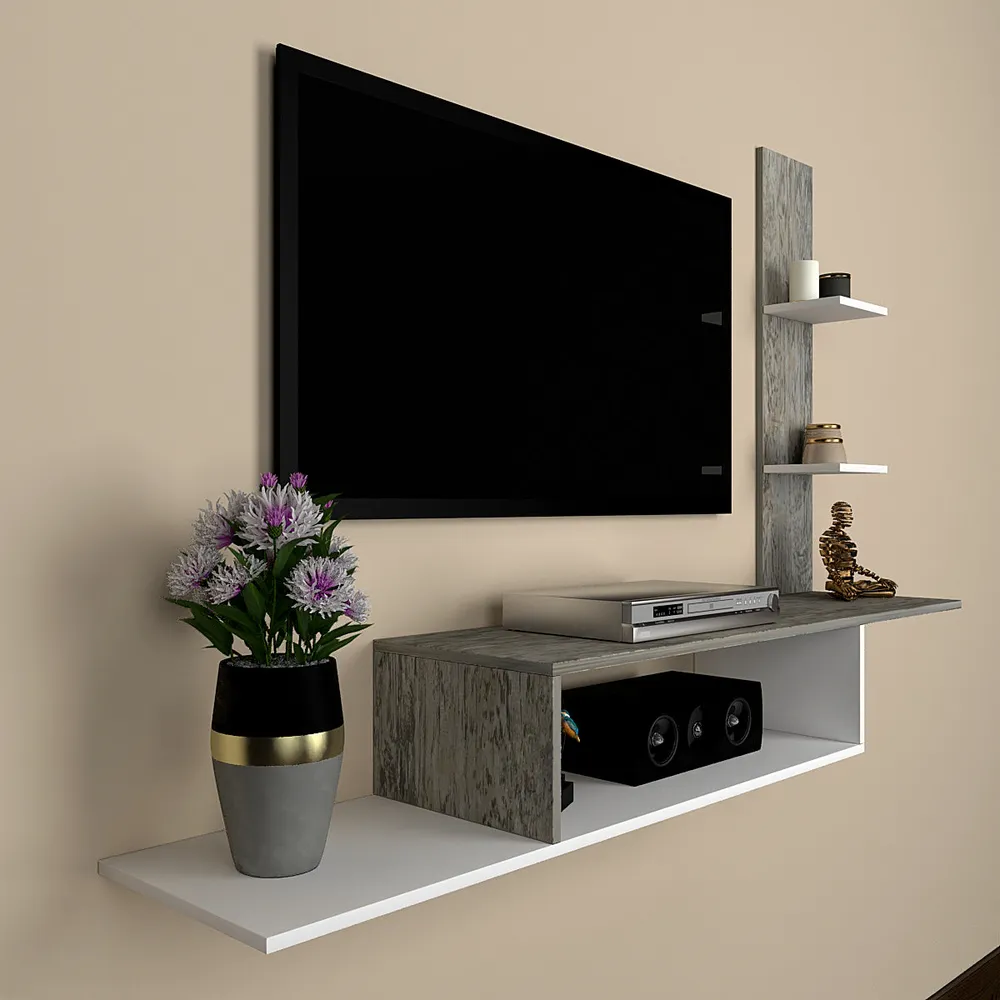 Asymmetrical Designer Grey Dyed Oak Wooden Tv Unit