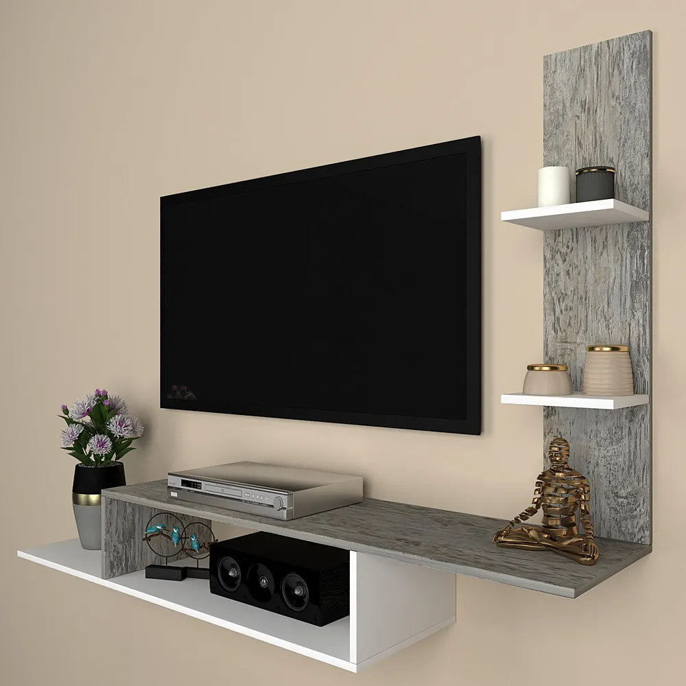Asymmetrical Designer Grey Dyed Oak Wooden Tv Unit
