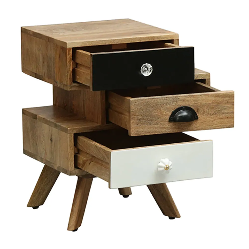 Asymmetrical Designer Tri Colour Mango Wood Bedside Chest Of Drawers