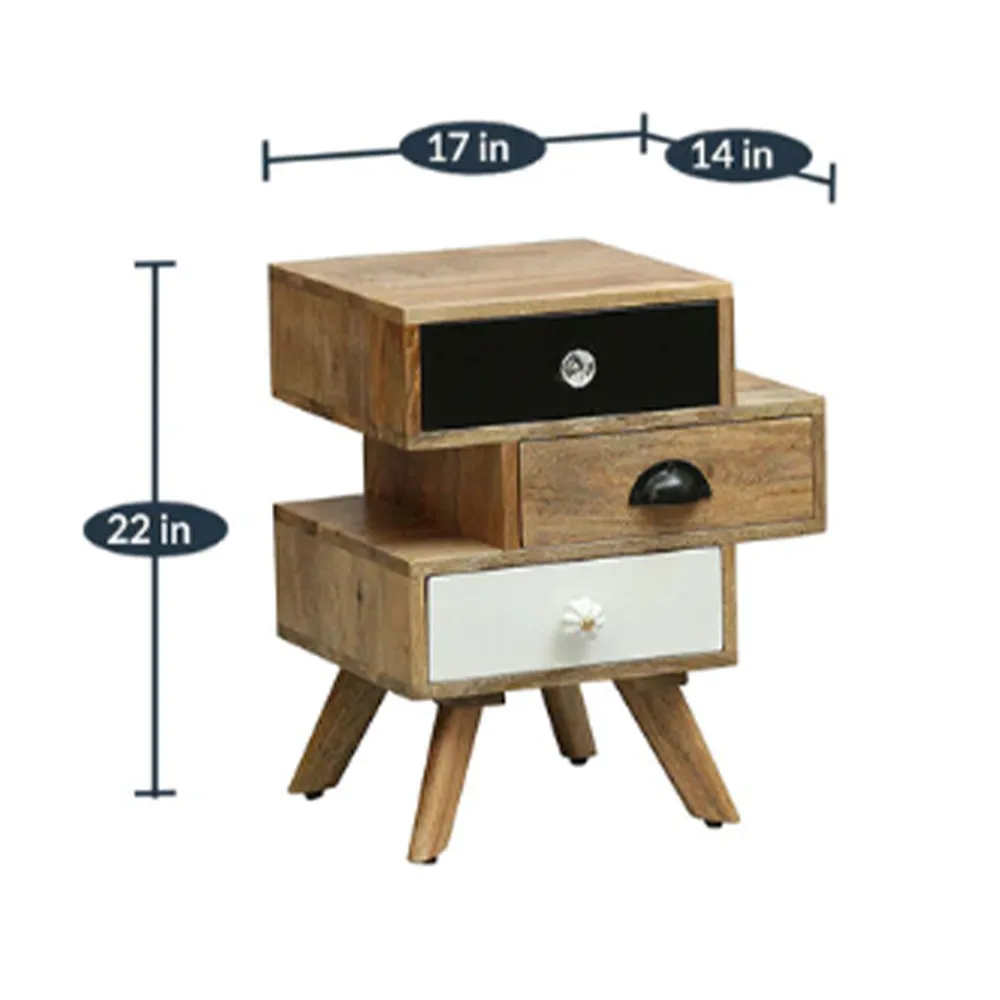 Asymmetrical Designer Tri Colour Mango Wood Bedside Chest Of Drawers