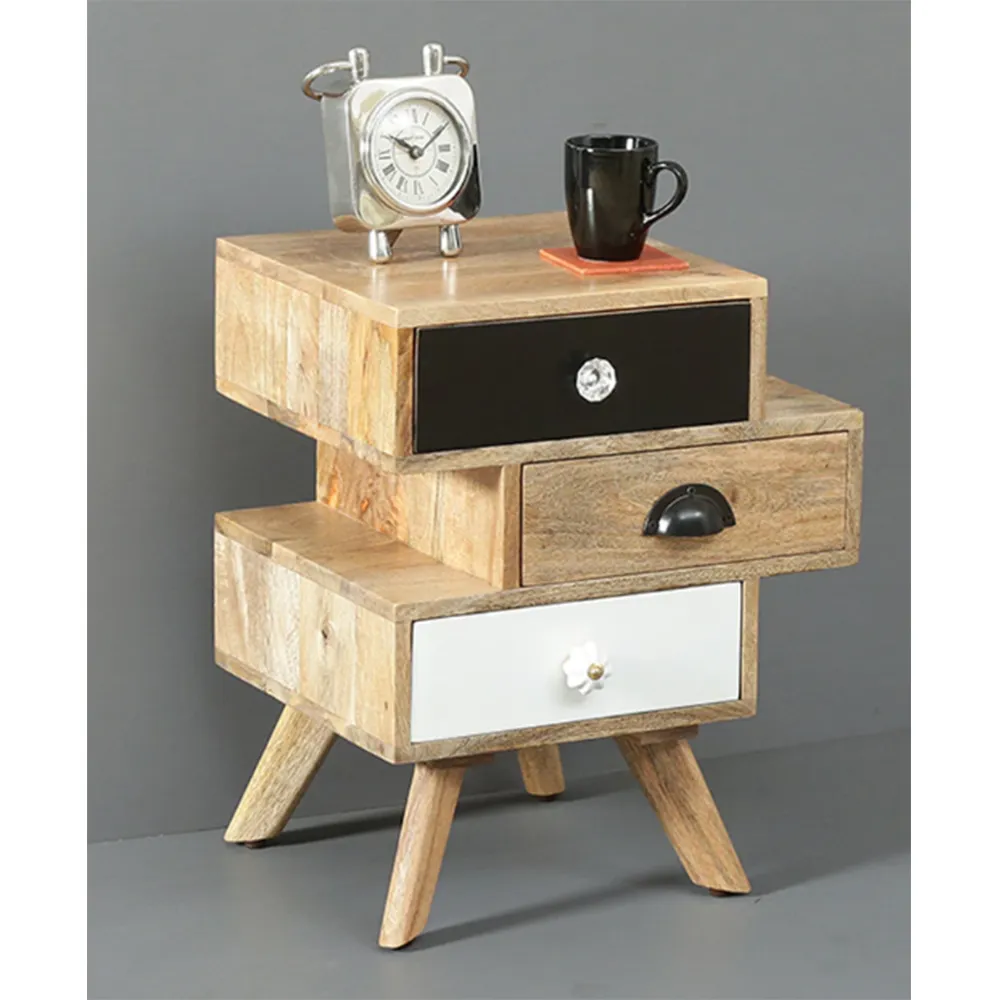 Asymmetrical Designer Tri Colour Mango Wood Bedside Chest Of Drawers