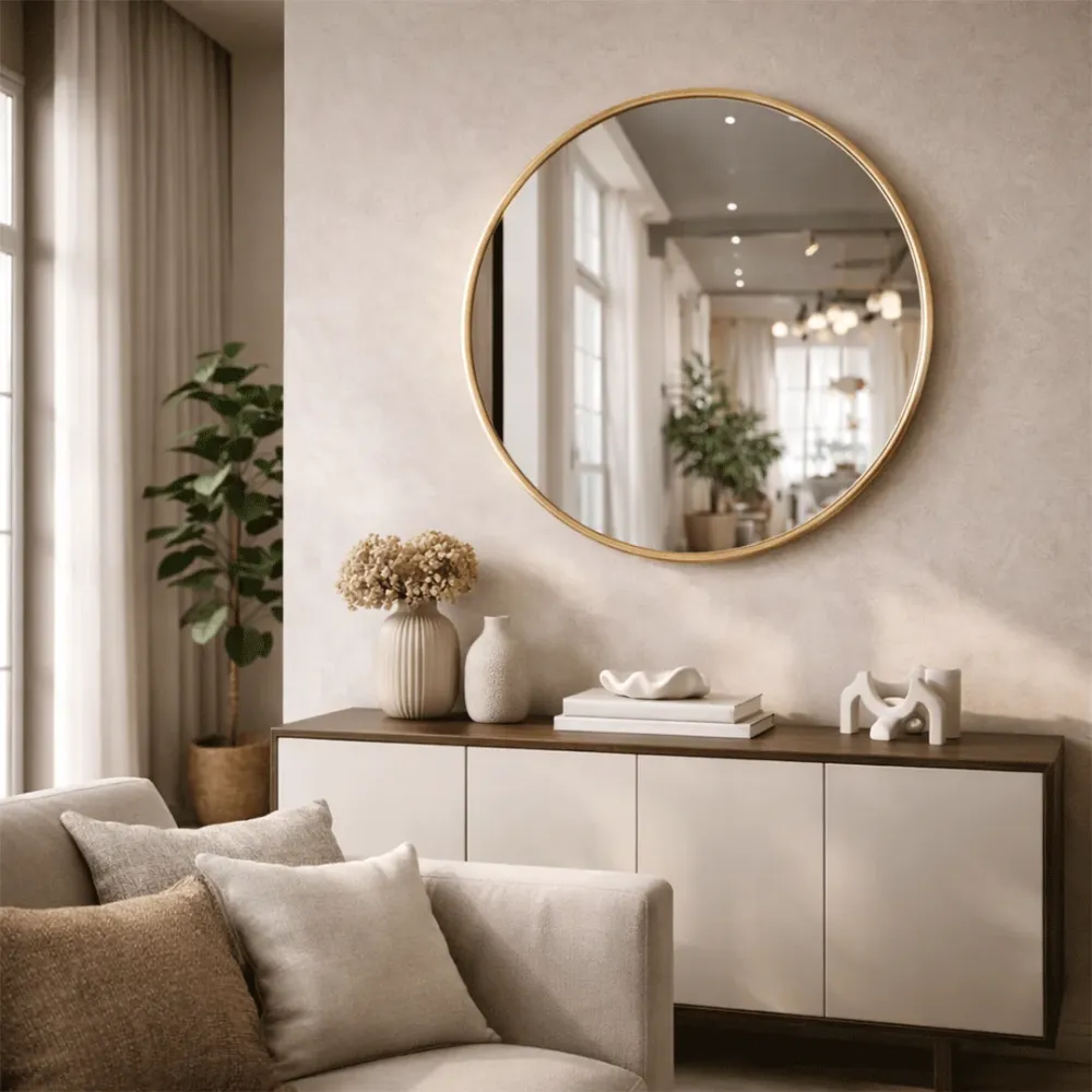 WallMantra Aurelio Round Wall Mirror – Premium Saint-Gobain Glass with Golden Aluminium Frame 