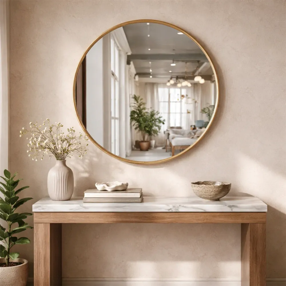 WallMantra Aurelio Round Wall Mirror – Premium Saint-Gobain Glass with Golden Aluminium Frame 