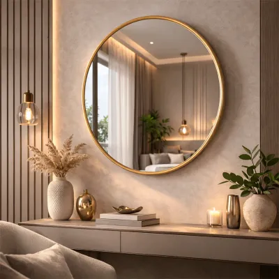 WallMantra Aurelio Round Wall Mirror – Premium Saint-Gobain Glass with Golden Aluminium Frame