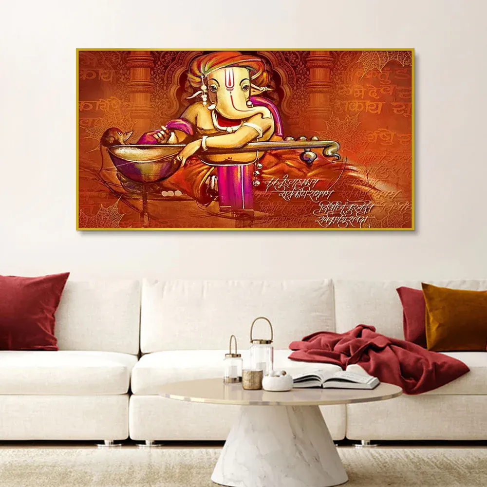 Auspicious Ganesha Playing Veena Canvas  Wall Painting With Frame