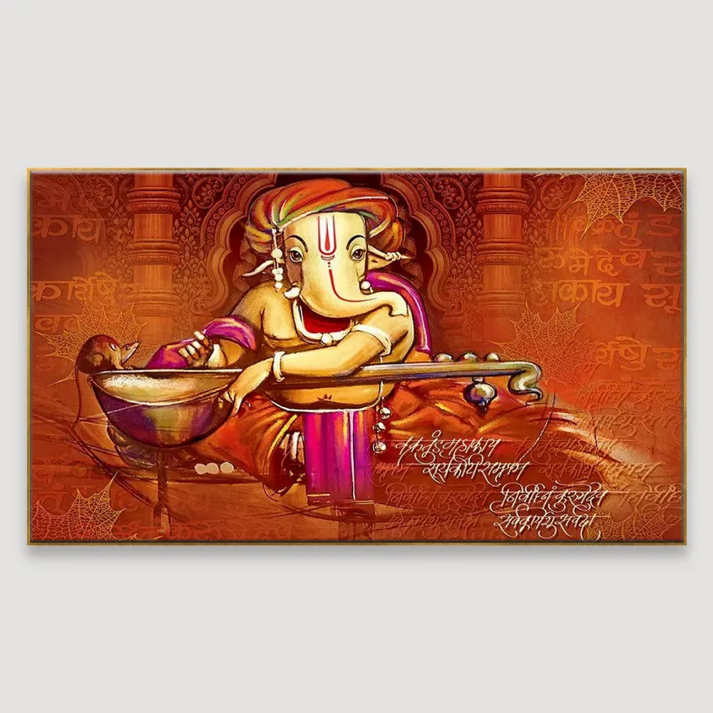 Auspicious Ganesha Playing Veena Canvas  Wall Painting With Frame