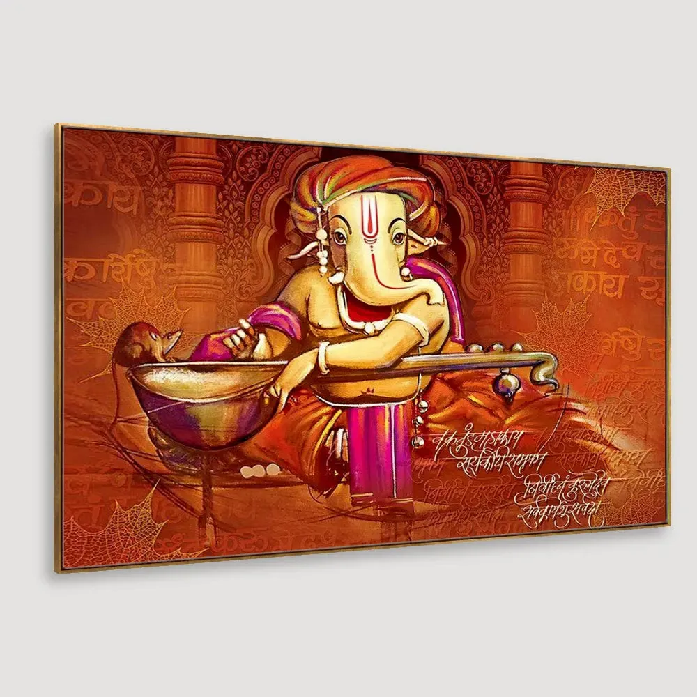 Auspicious Ganesha Playing Veena Canvas  Wall Painting With Frame