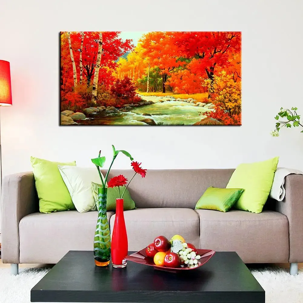 Autumn River Scenery Canvas Painting With Frame