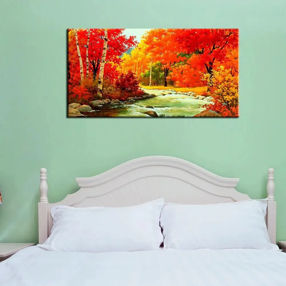 Autumn River Scenery Canvas Painting With Frame