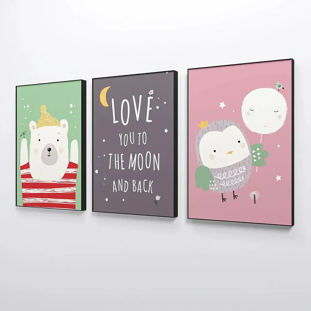 Baby Bear & Owl Kids Room Wall Frame Set of 3
