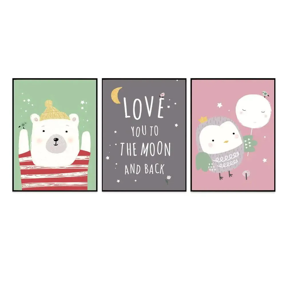 Baby Bear & Owl Kids Room Wall Frame Set of 3