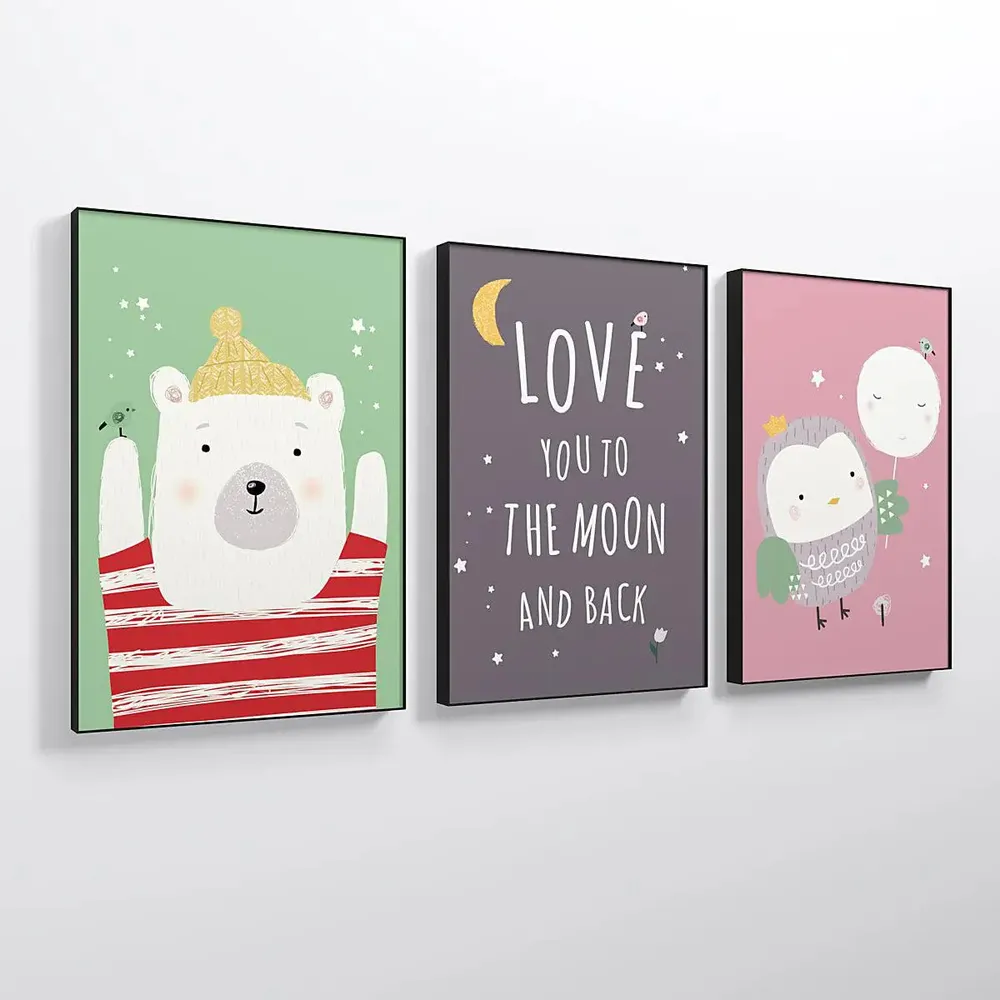 Baby Bear & Owl Kids Room Wall Frame Set of 3
