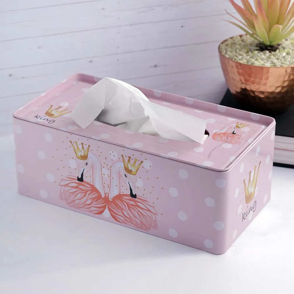 Baby Pink Flamingo Printed Metal Rectangular Tissue Box