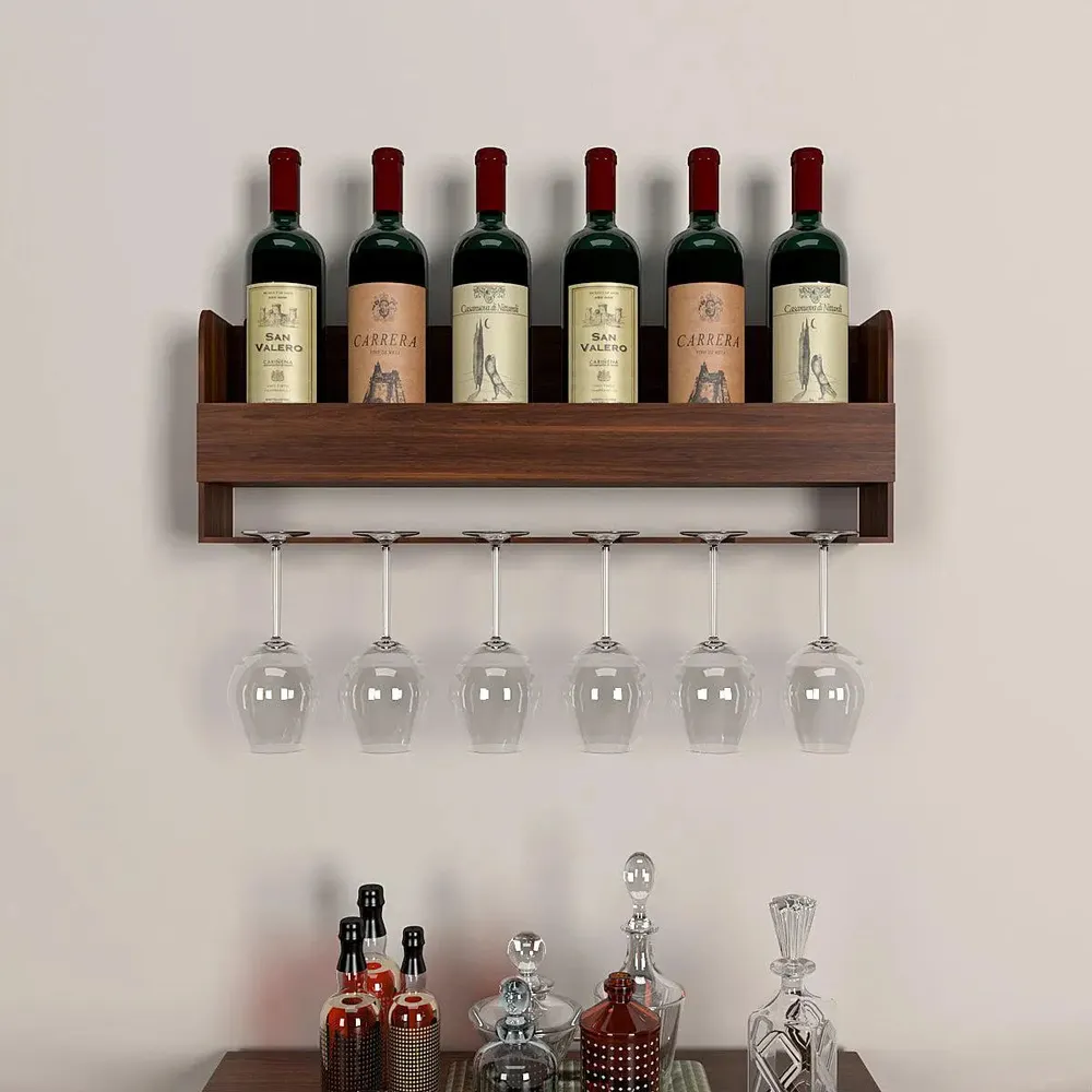 Backlit Wooden Bar Wall Shelf-cum-Mini Bar Cabinet in Walnut Finish