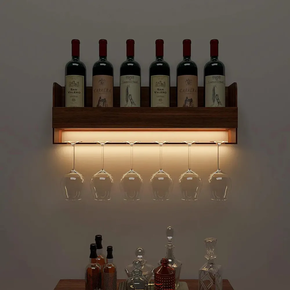Backlit Wooden Bar Wall Shelf-cum-Mini Bar Cabinet in Walnut Finish