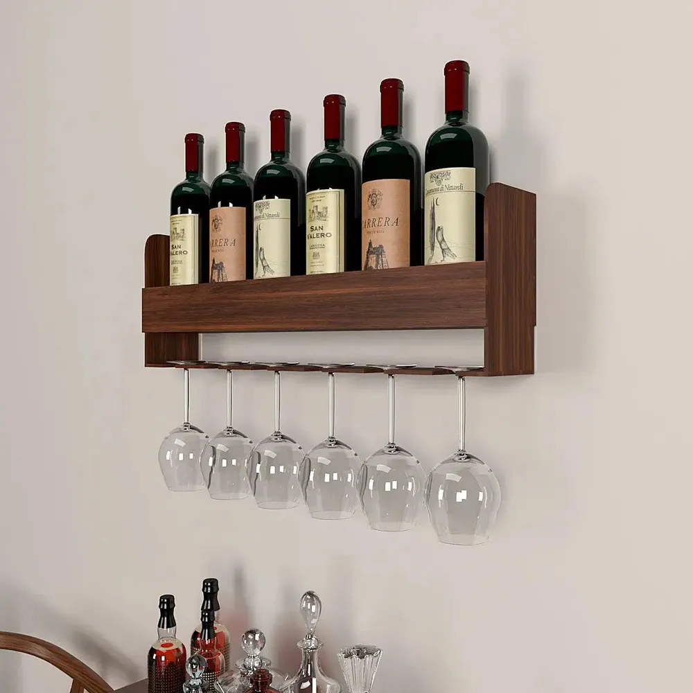 Backlit Wooden Bar Wall Shelf-cum-Mini Bar Cabinet in Walnut Finish