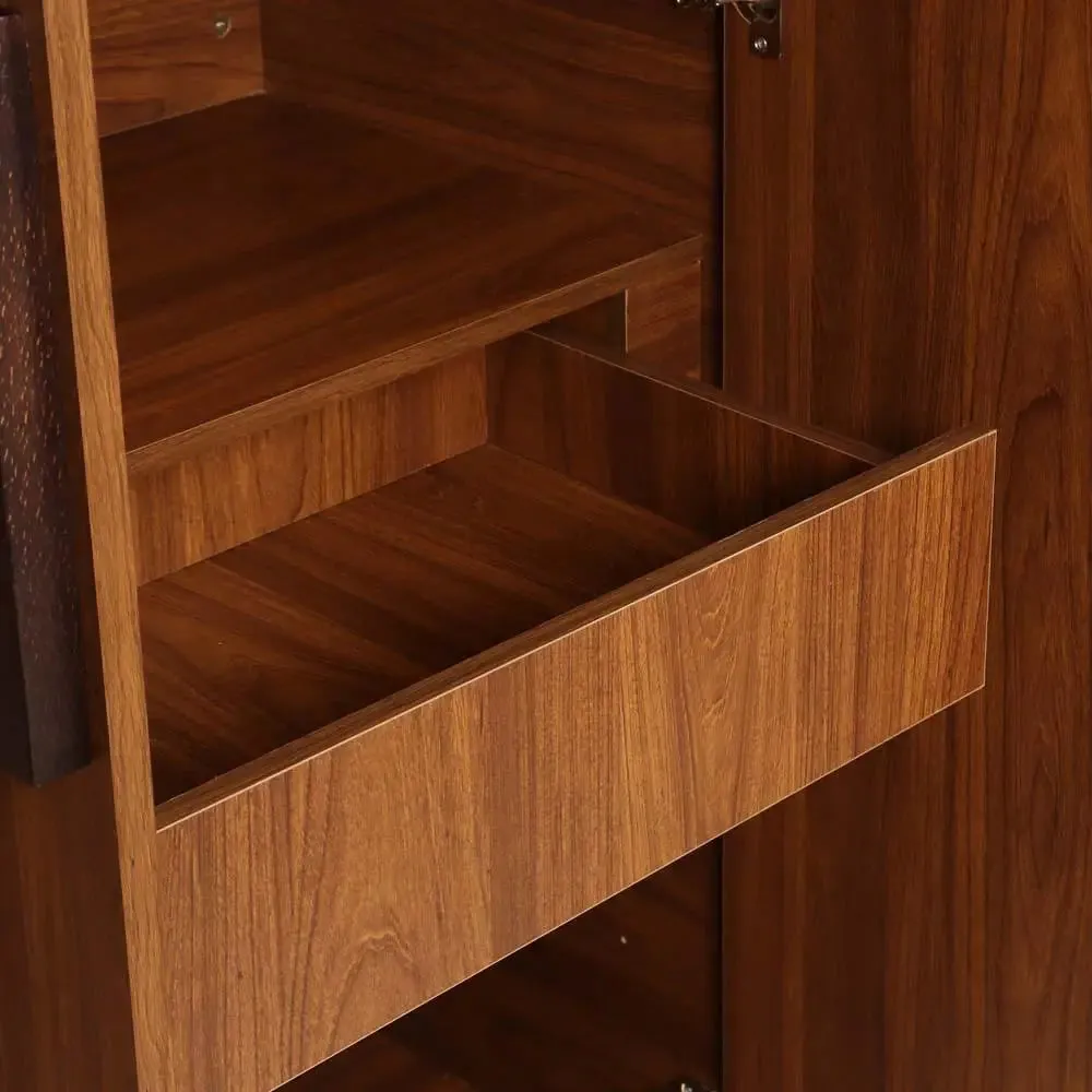 Bali Teak Engineered Wood 2 Door Wardrobe With Drawers & Mirror